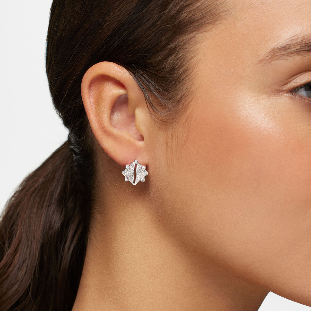 Birks Muse White Gold and Diamond Earrings on model image number 1